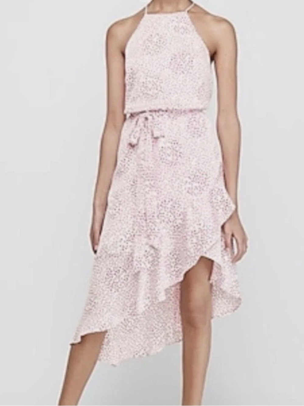 NWT Express Womens Polka Dot Pink White Halter High Low Midi Ruffle Dress Small